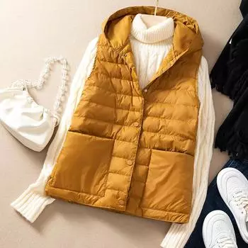 Легкий пуховый жилет женский короткий с капюшоном 2024 осень и зима новая одежда тонкий пуховик жилет куртка S белый