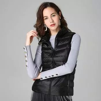 Легкий пуховый жилет женский короткий воротник-стойка тонкий жилет осень и зима новый пуховый жилет большой размер жилет куртка женская S белый