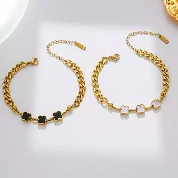 Легкий роскошный браслет Lucky Black Clover из нержавеющей стали с покрытием из 18-каратного золота и регулируемым браслетом из циркония