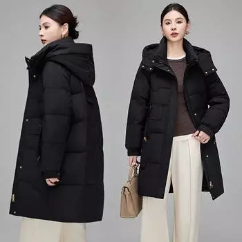 Легкий роскошный черный золотой пуховик средней длины, женское пальто, новая модная куртка с капюшоном в корейском стиле, трендовая S