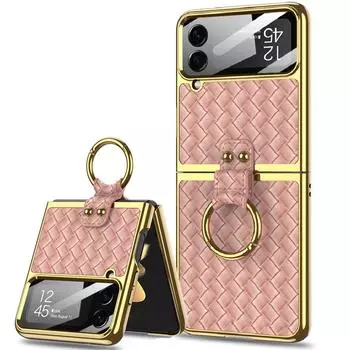 Легкий роскошный и элегантный чехол для Samsung Galaxy Z Flip 4, удобный на ощупь плетеный кожаный чехол с узором, модный чехол для телефона с кольцом For Galaxy Z Flip 4 чёрный