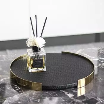 Легкий роскошный круглый поднос из кожи Isn для креативного дома, отеля, гостиной, спальни, туалетного столика, подноса для хранения принадлежностей для ванной комнаты Black + gold frame M1002826