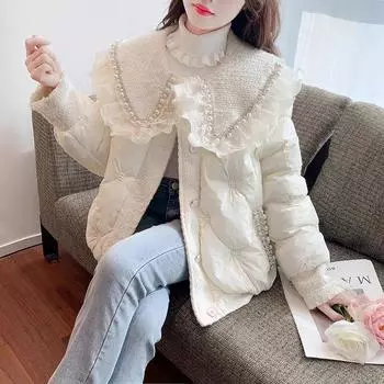 Легкий роскошный маленький ароматный ветрозащитный пуховик женский короткий 2024 зима новый сладкий кукольный воротник белый утиный пуховик M size [50kg-55kg]