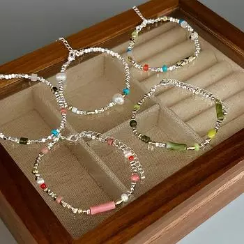 Легкий Роскошный Модный Сладкий Прохладный Фрагментированный Серебряный Камень Любовь Браслет с Искусственным Жемчугом Женственный Индивидуальный Красочный Браслет из Бисера 1