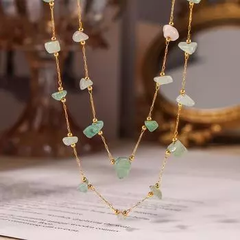 Легкий роскошный натуральный зеленый гравий из нержавеющей стали ожерелье на ключицу браслет нишевый милый комплект ювелирных изделий из цепочки ручной работы