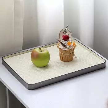 Легкий роскошный плетеный кожаный поднос, украшение для гостиной, спальни, отеля, минималистская модель, прямоугольный поднос для хранения, украшение grey woven leather + titanium black frame M08104