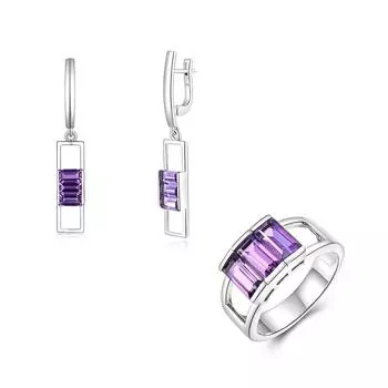 Легкий роскошный серебряный комплект колец и сережек для женщин, натуральный аметист, февральский камень, камень для рождения, готические ювелирные украшения, предложение на помолвку, подарок US RING SIZE:7# фиолетовый