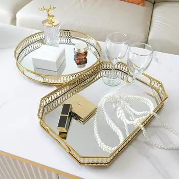 Легкий роскошный стеклянный зеркальный поднос, металлическое хранилище, журнальный столик для гостиной, чашка для воды, поднос для чая, модель украшения комнаты, фруктовая тарелка