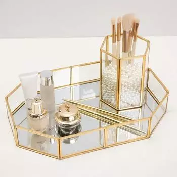 Легкий роскошный зеркальный металлический поднос, ящик для хранения кистей для макияжа, контейнер для косметики, органайзер для ювелирных изделий, помада, ожерелье, настольный поднос