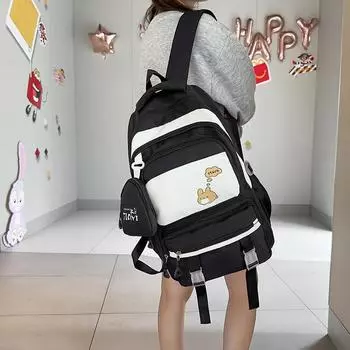 Легкий рюкзак большой вместимости с принтом кролика, студенческий рюкзак для женщин, школьный рюкзак с кошельком для монет чёрный