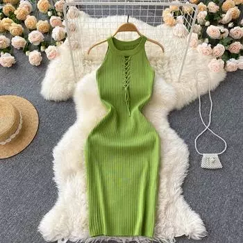 Легкий спелый ветер, модный темперамент, висящая на шее, без рукавов, тонкая тонкая сумка с переплетом, вязаное платье на бедрах