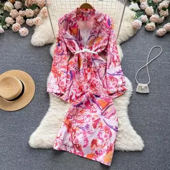 Легкий знакомый стиль, костюм-двойка, женский летний стиль, пиджак с длинными рукавами и принтом, сумка с высокой талией, хип-платье