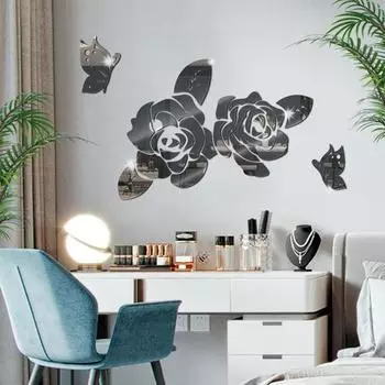 Легко очищаемая акриловая наклейка, не выцветающая, популярная, романтическая, с цветком розы, на стене серебряный