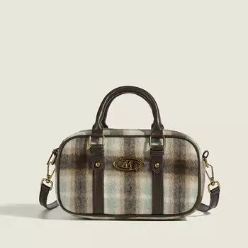 Легко подходящая высококачественная шерстяная клетчатая сумка в стиле «Бостон» в стиле ретро, портативная маленькая квадратная сумка через плечо через плечо