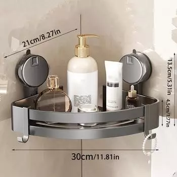 Легко устанавливаемая алюминиевая угловая полка с присосками, не требующая сверления, с крючками, мусорная полка для организации ванной комнаты серый