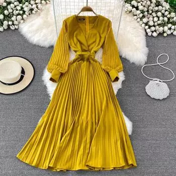 Легкое элегантное длинное платье в зрелом стиле с высокой талией и плиссировкой, раннее весеннее новое платье трапециевидной формы с длинными рукавами и v-образным вырезом, закрывающее талию One Size бежевый