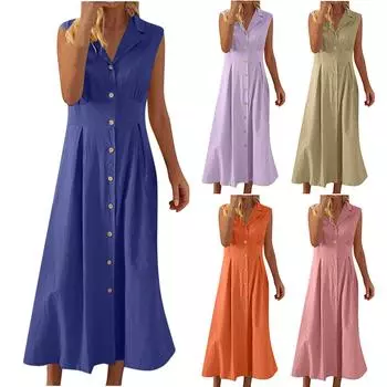 Легкое хлопковое льняное платье для женщин, летнее, повседневное, без рукавов, с воротником-лацканами на пуговицах XXL