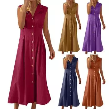 Легкое хлопковое льняное платье для женщин, летнее, повседневное, без рукавов, с воротником-лацканами на пуговицах S