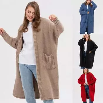 Легкое пальто-свитер с рукавами 3/4 для женщин больших размеров, женское однотонное лоскутное длинное пальто с рукавами «летучая мышь» XL чёрный