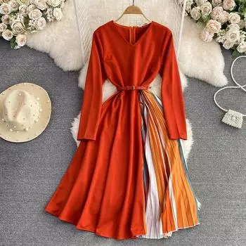 Легкое плиссированное платье с принтом для похудения и V-образным вырезом на талии в Европе и США Элегантное платье для пожилых людей