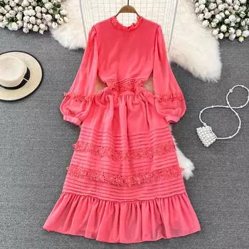 Легкое роскошное элегантное темпераментное платье трапециевидной формы с рюшами в европейском и американском стиле с длинными рукавами и круглым вырезом на талии