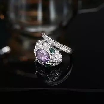 Легкое роскошное кольцо для указательного пальца с высококачественной атмосферой, нишевый дизайн, аметистовое регулируемое кольцо-змеевик Opening adjustable серебряный