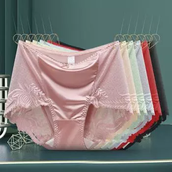 Легкое роскошное кружевное атласное нижнее белье со средней высокой талией для женщин, сексуальное, большого размера, шелковое, бесшовное, с запахом, треугольные брюки M чёрный