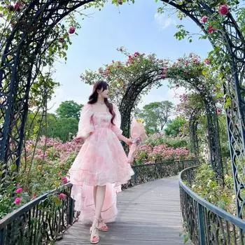 Легкое роскошное платье французского дизайна Sense, женское летнее платье феи с цветочным принтом и объемными рукавами и квадратным воротником, повседневное длинное платье S розовый