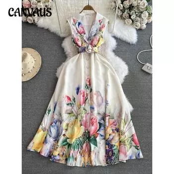 Легкое роскошное платье-костюм без рукавов в стиле знаменитости с воротником-стойкой, однобортное, с принтом и позиционированием А-силуэта S чёрный