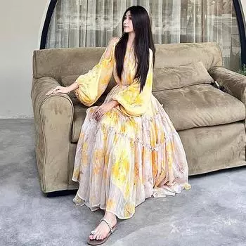 Легкое роскошное платье высокого класса с французским принтом и большой юбкой-солнце One Size