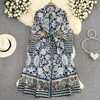 Легкое, роскошное, темпераментное, с длинными рукавами и лацканами на талии, тонкое однобортное элегантное платье с принтом в стиле ретро One Size серебряный