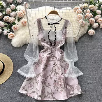 Легкое роскошное уличное платье с жареным рисунком, тонкое платье трапециевидной формы с жаккардовым принтом для тяжелой промышленности Xianqi и рукавами-пузырьками на талии