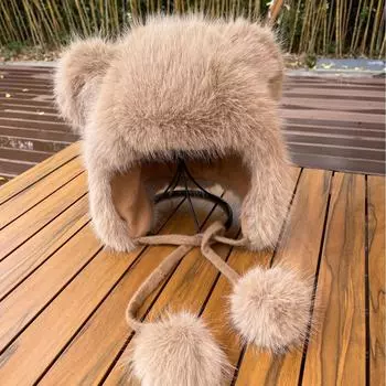 Lei Feng hat women s autumn and winter preferred mink warm plush cute ears cold snow mountain plush pullover hat M56-58cm белый