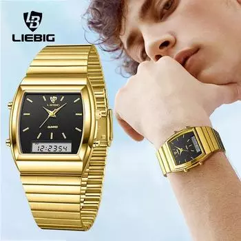 Leibinji LIEBIG ретро квадратные мужские часы светящийся циферблат двойной механизм двойной дисплей электронные часы