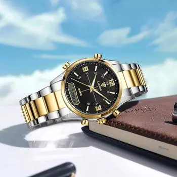 Leibinji LIEBIG Room Gold с большим циферблатом, водонепроницаемые, с двойным дисплеем, с двойным механизмом, многофункциональные кварцевые электронные часы