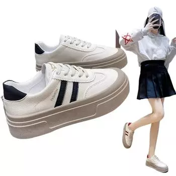 Leisure Chunky Sneakers for Women Leather Lace Up Flat Heels Round Toe Shoes for Women Solid Flat Platform Vulcanize Shoes 35 чёрный