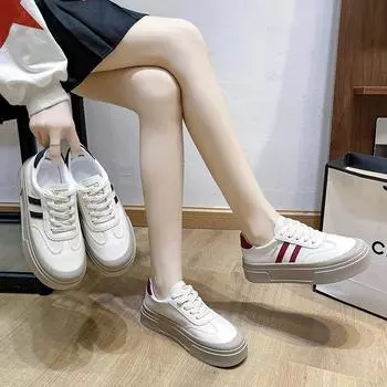 Leisure Chunky Sneakers for Women Leather Lace up Flat Heels Round Toe Shoes for Women Solid Flat Platform Vulcanize Shoes 35 бежевый