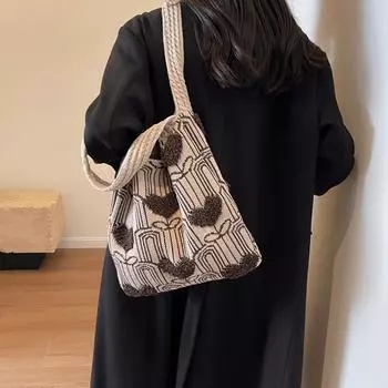 Повседневная вязаная сумка-тоут Женская новая модная универсальная сумка на одно плечо Сердце Цветок Большая вместимость Сумки для покупок для поездок на работу