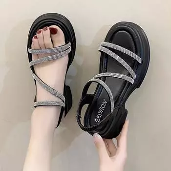 Leisure Sandals Women Square High Heels Shoes for Women Solid Bling Shine Elastic Band Summer Sandals Plus Size Zapatos De Mujer 35