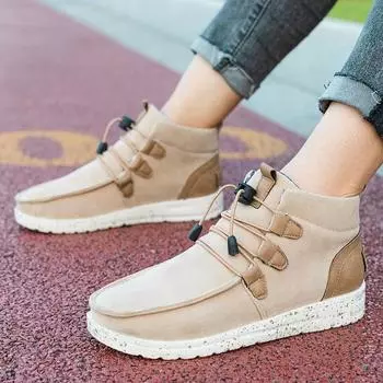 Leisure Sports Shoes Women 2024 Autumn New Outdoor Winter Insulation Cotton Shoe Female with Lace Up Fashion High Top Flat Shoes 36 бежевый