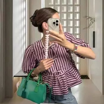 Leisure Temperament Vertical Striped Hollowed Out Bow Knot Bubble Sleeve 1/2 Sleeve Women s Top S фиолетовый