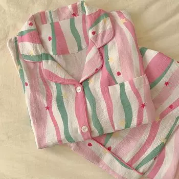 Одежда для отдыха из марли, женская пижама, комплект из 2 предметов, тушь, печать, ночная одежда, пижама, домашняя одежда, одежда для отдыха M