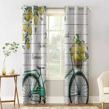 Lemon Bicycle Wooden Board Texture Bedroom Kitchen Window Curtains Curtains For Living Room Decorative Items 135W x 60H(cm)