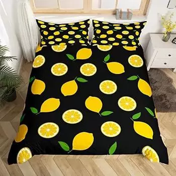 Lemon Duvet Cover Set,Bedding Set 3pcs for Teens Room,Botanical Natural Bright Yellow and Black Quilt Cover with 2 Pillowcases 218x177cm 86x70in