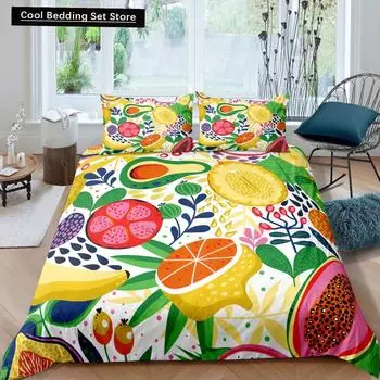Lemon Fruit King Queen Duvet Cover Summer Cartoon Vegetable Plant Bedding Set for Kids Teens Adults Papaya Polyester Quilt Cover EU single(135x200cm)