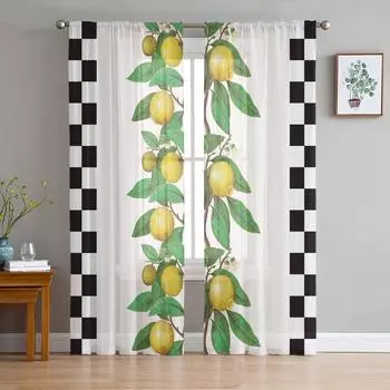 Lemon Fruit Retro Plaid Sheer Curtains Window Tulle Curtains For Living Room Bedroom For Kitchen Veiling Curtains Decoration W135 x H114cm
