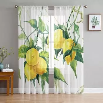 Lemon Watercolor Leaves Sheer Curtains Window Tulle Curtains For Living Room Bedroom For Kitchen Veiling Curtains Decoration W135 x H114cm