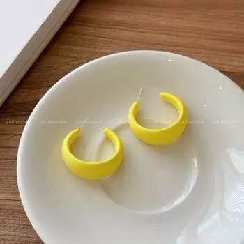 Lemon Yellow C- Shaped Earrings Female Summer Little Fresh Fancy Exaggerated Ear Ring 2025 New Arrival Retro Simple Earrings Lemon yellow C hoop earrings-Silver Needle