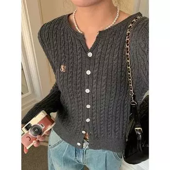 Ленивая мода вышитые буквы вязаный кардиган ретро длинные рукава High Street куртка осень зима V-образный вырез повседневный трикотаж One size серый