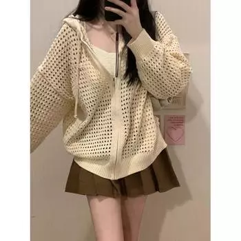 Ленивая толстовка с капюшоном на весну/лето, вязаный кардиган, верхняя одежда Beige S Suggested 37.50 kg-47.50 kg